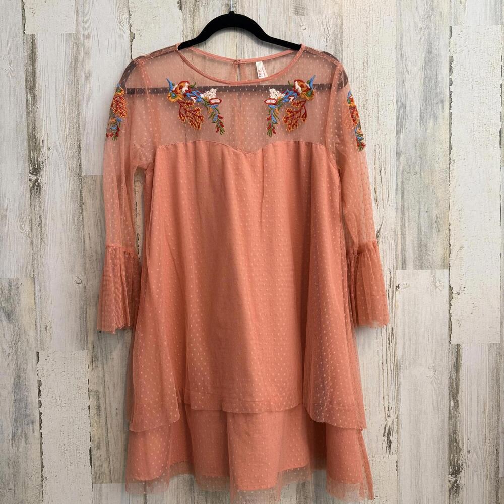 True Destine Women's Large Embroidered Mesh Dress Bell Sleeve